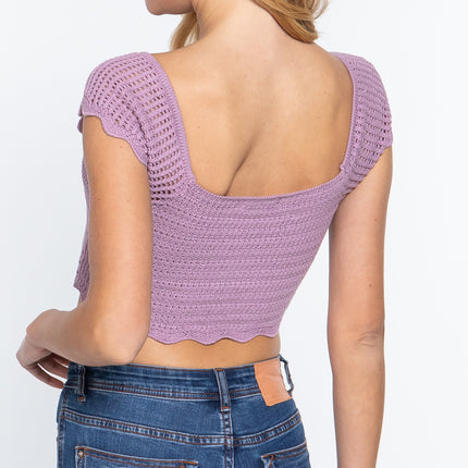 Short Sleeve V-neck Front Knot Detail Sweater Knit Crop Top