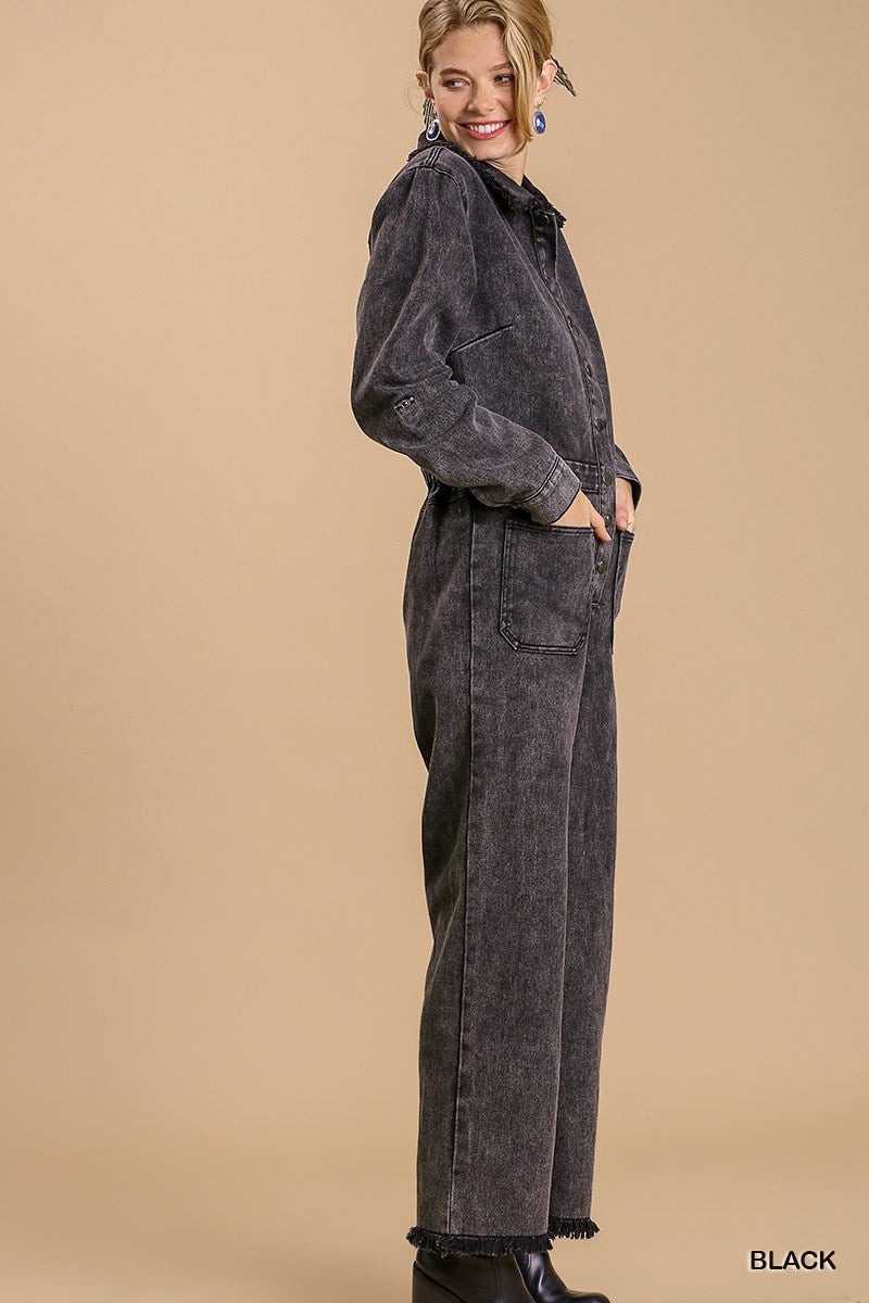 Mid button down stone wash wide leg distressed jumpsuit & side pockets with no lining