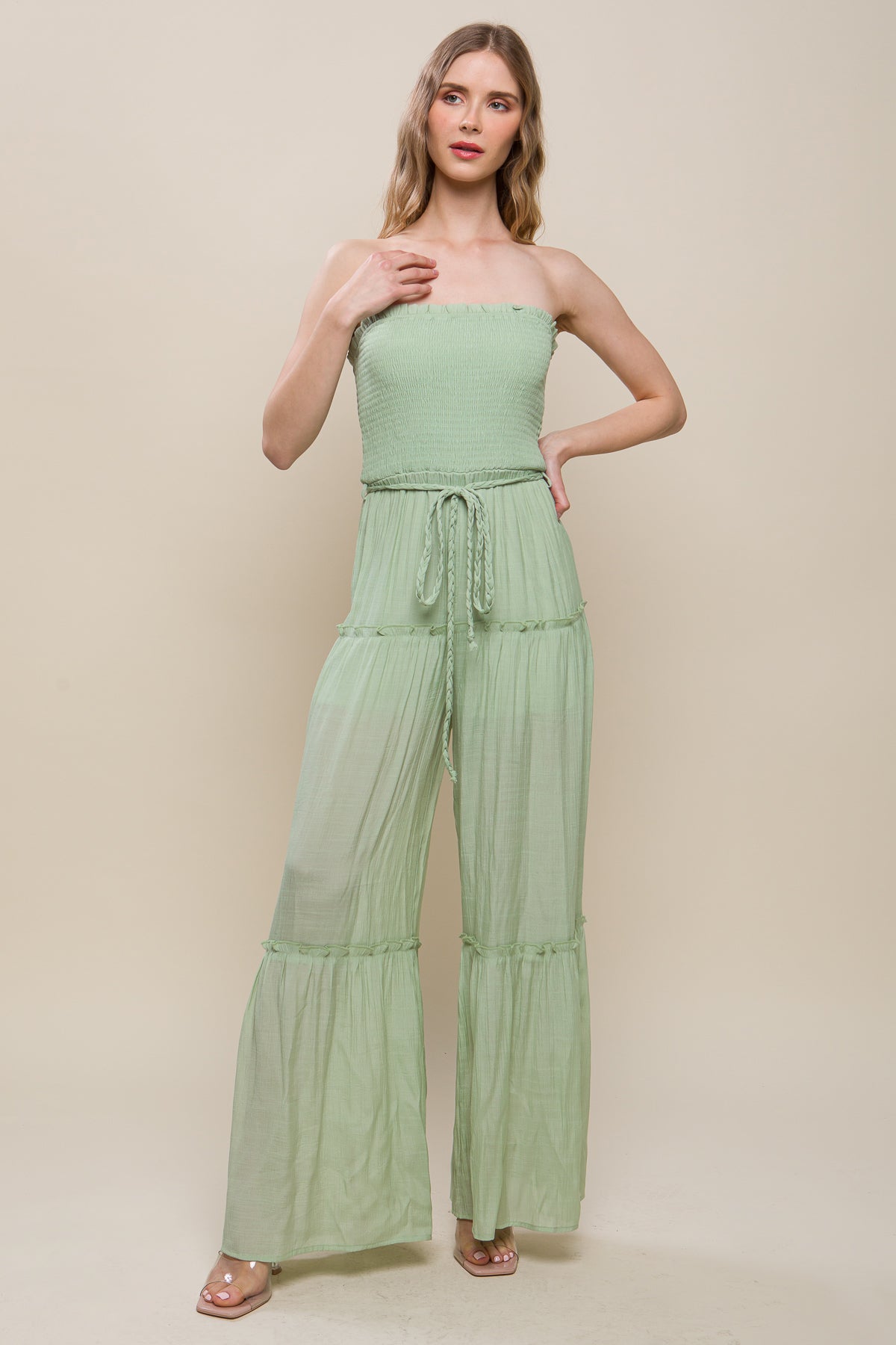 Woven Solid Sleeveless Smocked Ruffle Jumpsuit