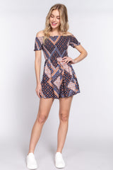 Off Shoulder Smoked Print Woen Romper