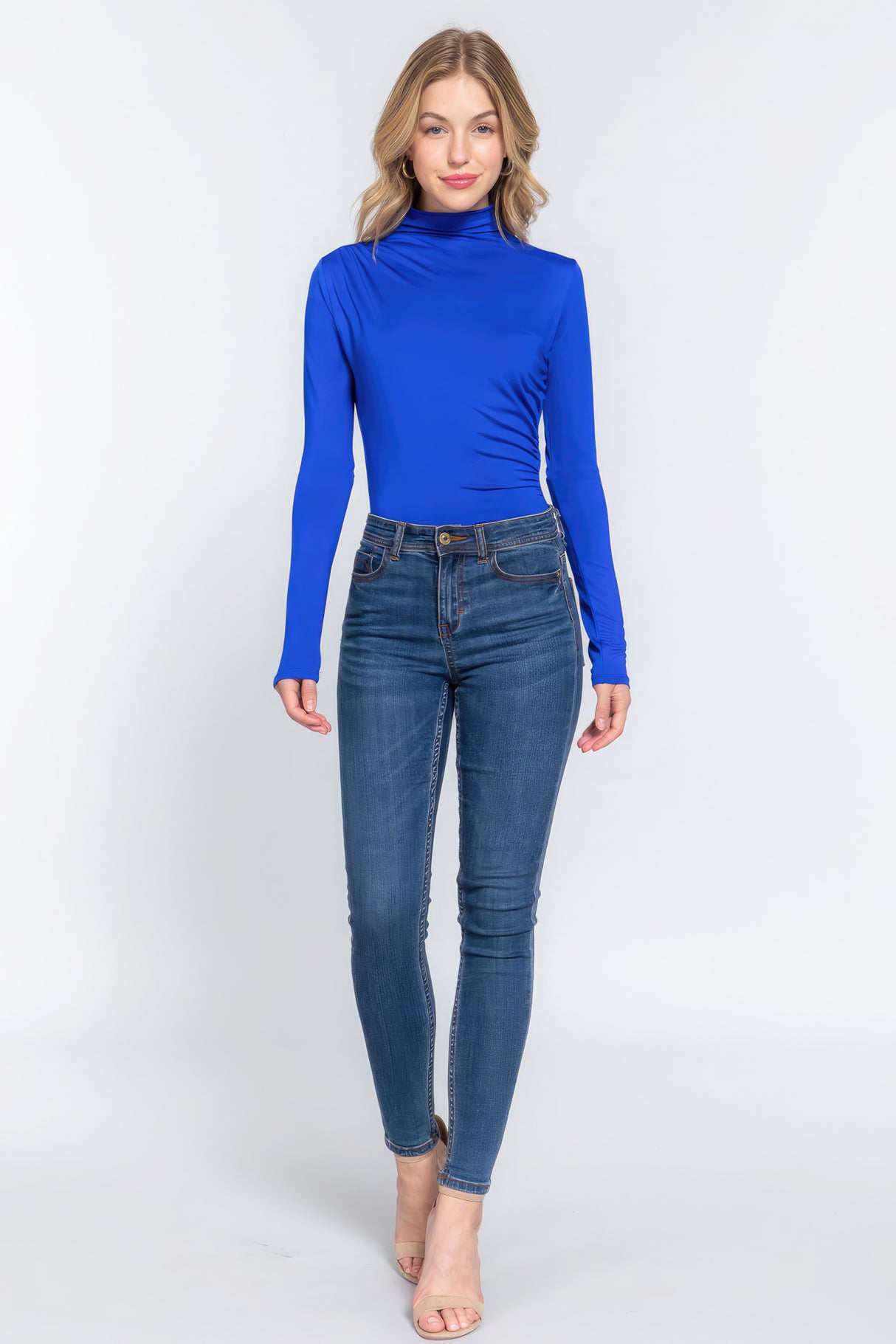 Long Sleeve High Neck Shirring Detail Ity Knit Bodysuit