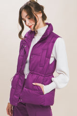 Zip Up Button Puffer Vest With Waist Toggles