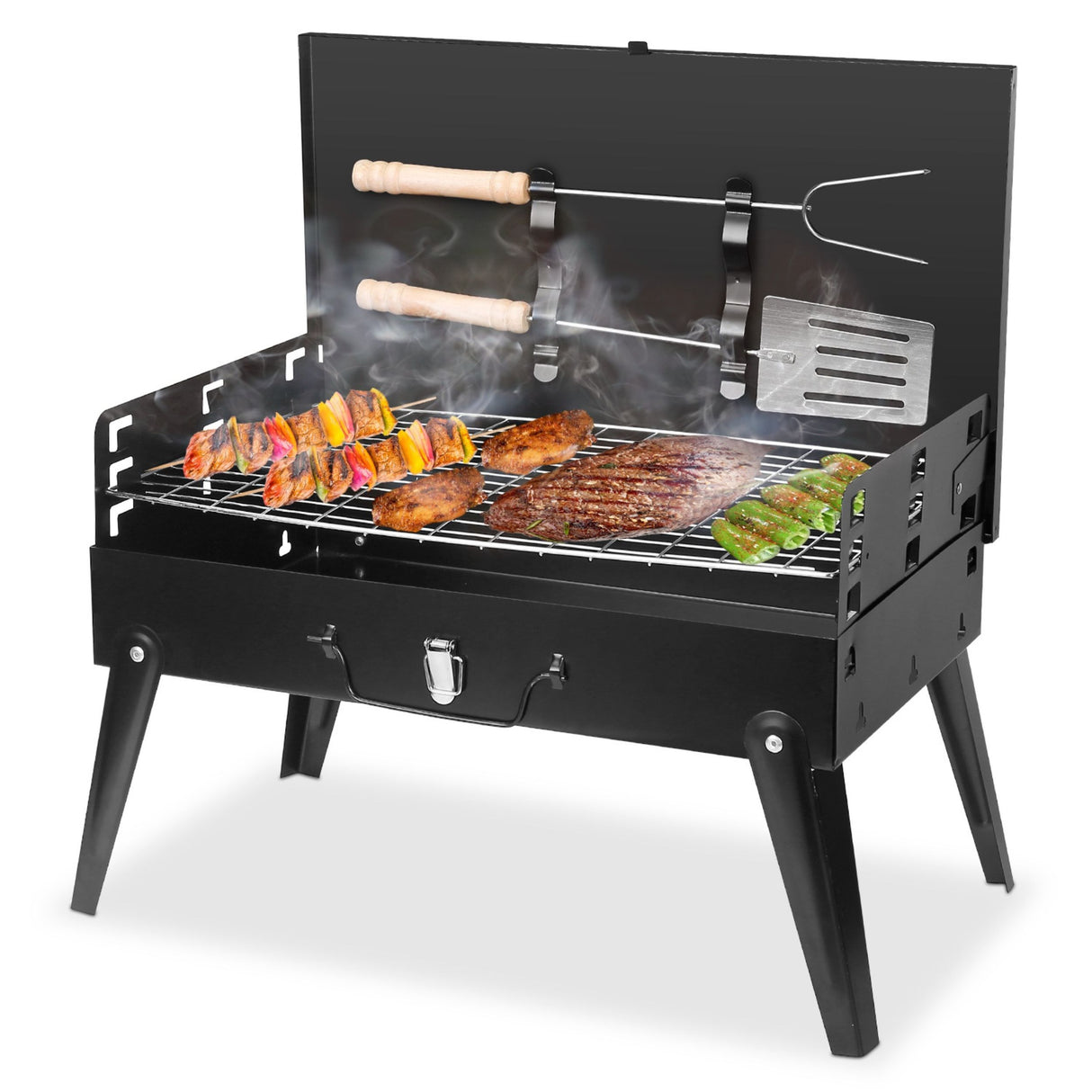 Portable Charcoal Grill - Foldable BBQ Suitcase with Shelf - Ideal for Camping, Picnics, and Garden Grilling - Black