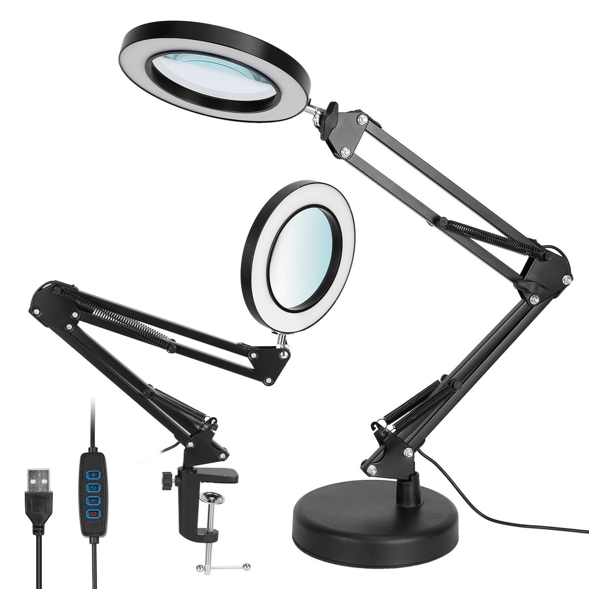 2-in-1 LED Magnifier Desk Lamp 8x with Light, Clamp Stand, Swing Arm, USB Reading Lamp. 10 Brightness, 3 Modes - Black