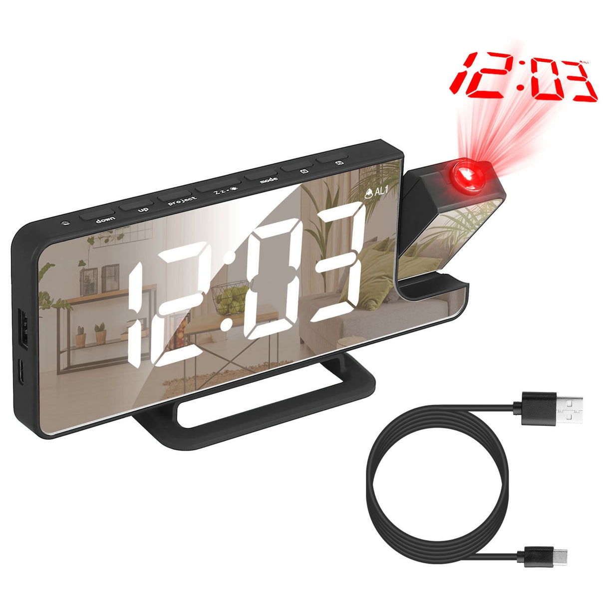 Dual Alarm Projection Clock with USB Port - 6 Dimmer, Snooze, 12/24 Hour - 7.7In Mirror - Black