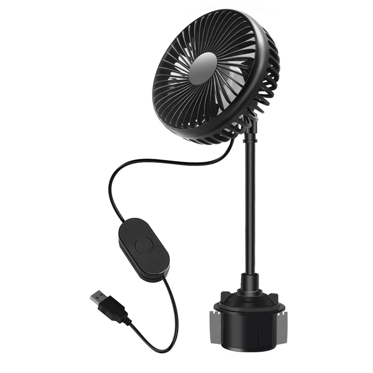 Portable Car Cup Holder Fan w/ 3 Speeds | Adjustable Gooseneck | Fits Car Van Truck SUV RV - Black