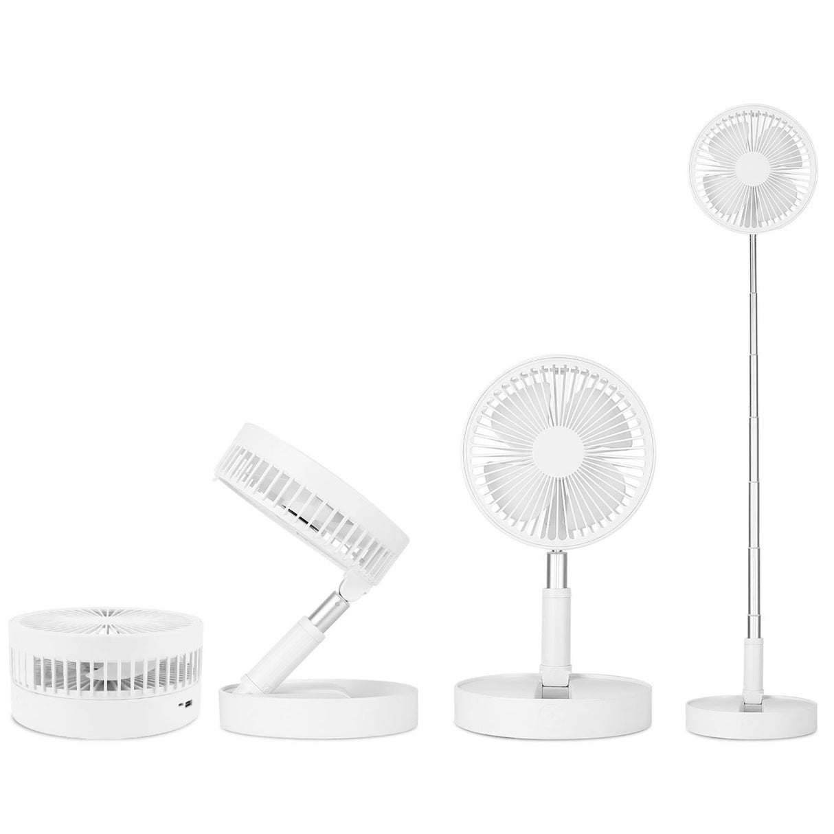 Portable Folding Desk Fan - USB Rechargeable, Quiet, 4 Speeds, Adjustable Height, 180° Tilting Angle - White