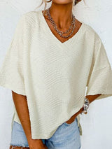 Textured V-Neck Dropped Shoulder T-Shirt