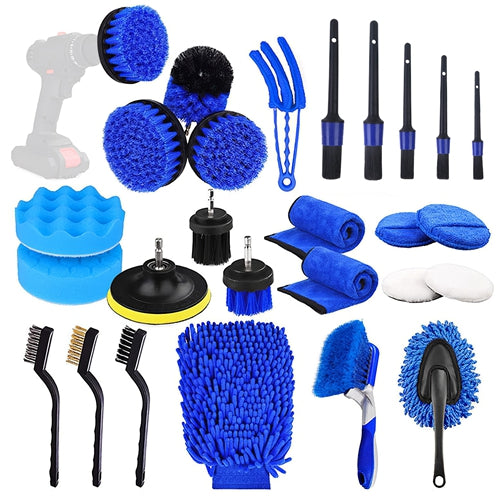 26Pcs Car Detailing Brush Kit Exterior Interior Car Cleaning Set Drill Brush Set Car Buffing Sponge Pads Kit for Cleaning Automobile Interior Exterior - Multi