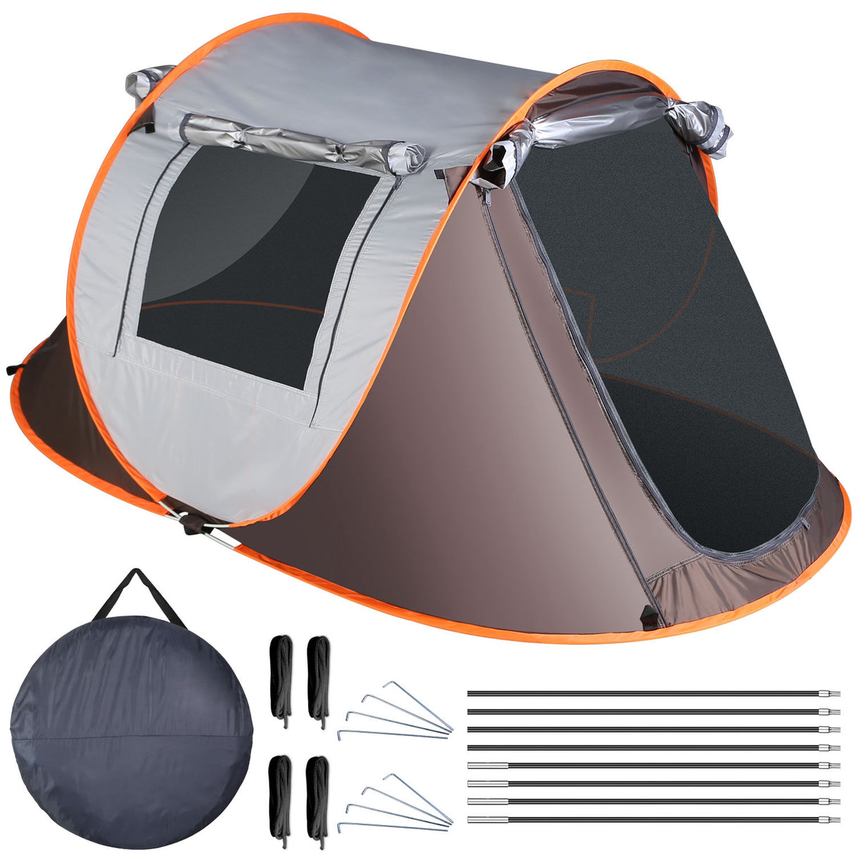 3-4 Person Pop Up Tent Automatic Setup Camping Tent Waterproof Instant Setup Tent with 4 Tent Poles 2 Mosquito Net Windows Carrying Bag for Hiking Cli - Khaki