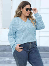 Plus Size Ribbed V-Neck Long Sleeve Top