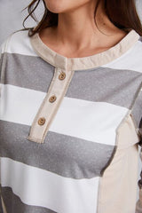 Striped Exposed Seam Buttoned T-Shirt