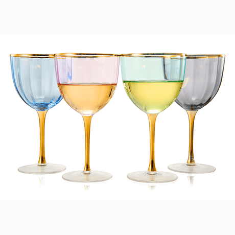 Art Deco Colored Crystal Wine Glass Set of 4, Large 18oz Stemmed Glasses Vibrant Vintage Glasses for White & Red, Water, Margarita Glasses, Gift Idea, Color Glassware - Gilded Rim and Gold Stem by The Wine Savant - Vysn