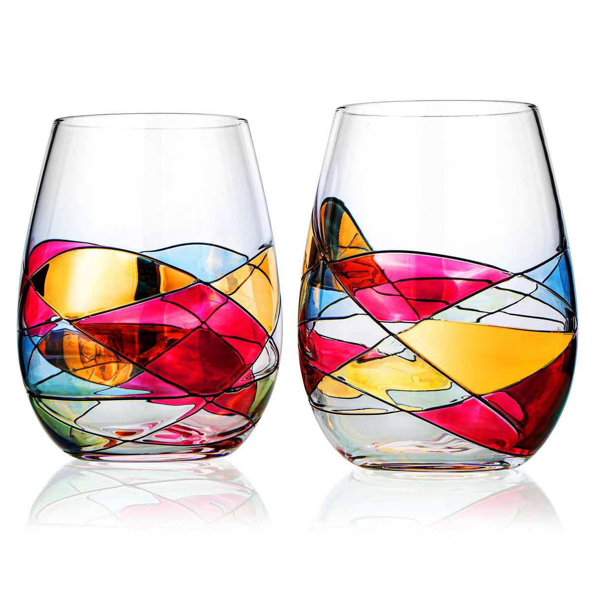 Artisanal Hand Painted Stemless - Gift for Mom, Friends, Girlfriends, Renaissance Romantic Stain-glassed Windows Wine Glasses Set of 2 - Gift Idea for Birthday, Housewarming - Extra Large Goblets by The Wine Savant - Vysn