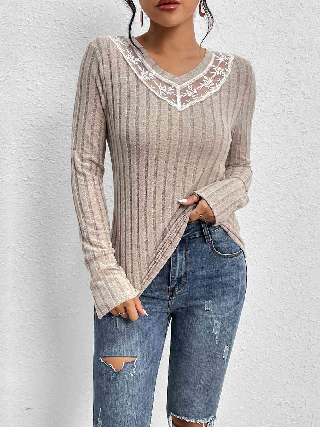 Lace Detail Ribbed V-Neck Long Sleeve Top