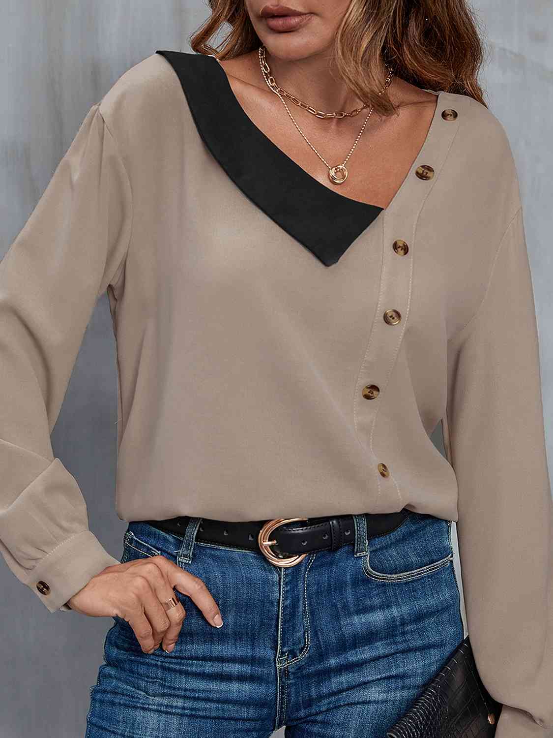 Asymmetrical Neck Buttoned Long Sleeve Top