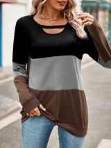 Color Block Cutout Round Neck Long Sleeve T-Shirt