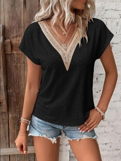 Eyelet V-Neck Short Sleeve T-Shirt