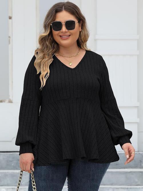 Plus Size Ribbed V-Neck Long Sleeve Blouse