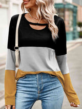 Color Block Cutout Round Neck Long Sleeve T-Shirt