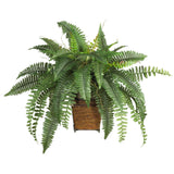 Boston Fern w/Wood Wicker Basket Silk Plant by Nearly Natural - Vysn