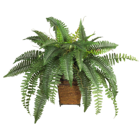 Boston Fern w/Wood Wicker Basket Silk Plant by Nearly Natural - Vysn