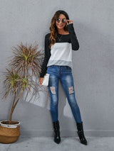 Color Block Round Neck Long Sleeve T-Shirt