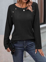 Ribbed Buttoned Round Neck Long Sleeve T-Shirt