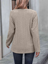 Ribbed Buttoned Round Neck Long Sleeve T-Shirt