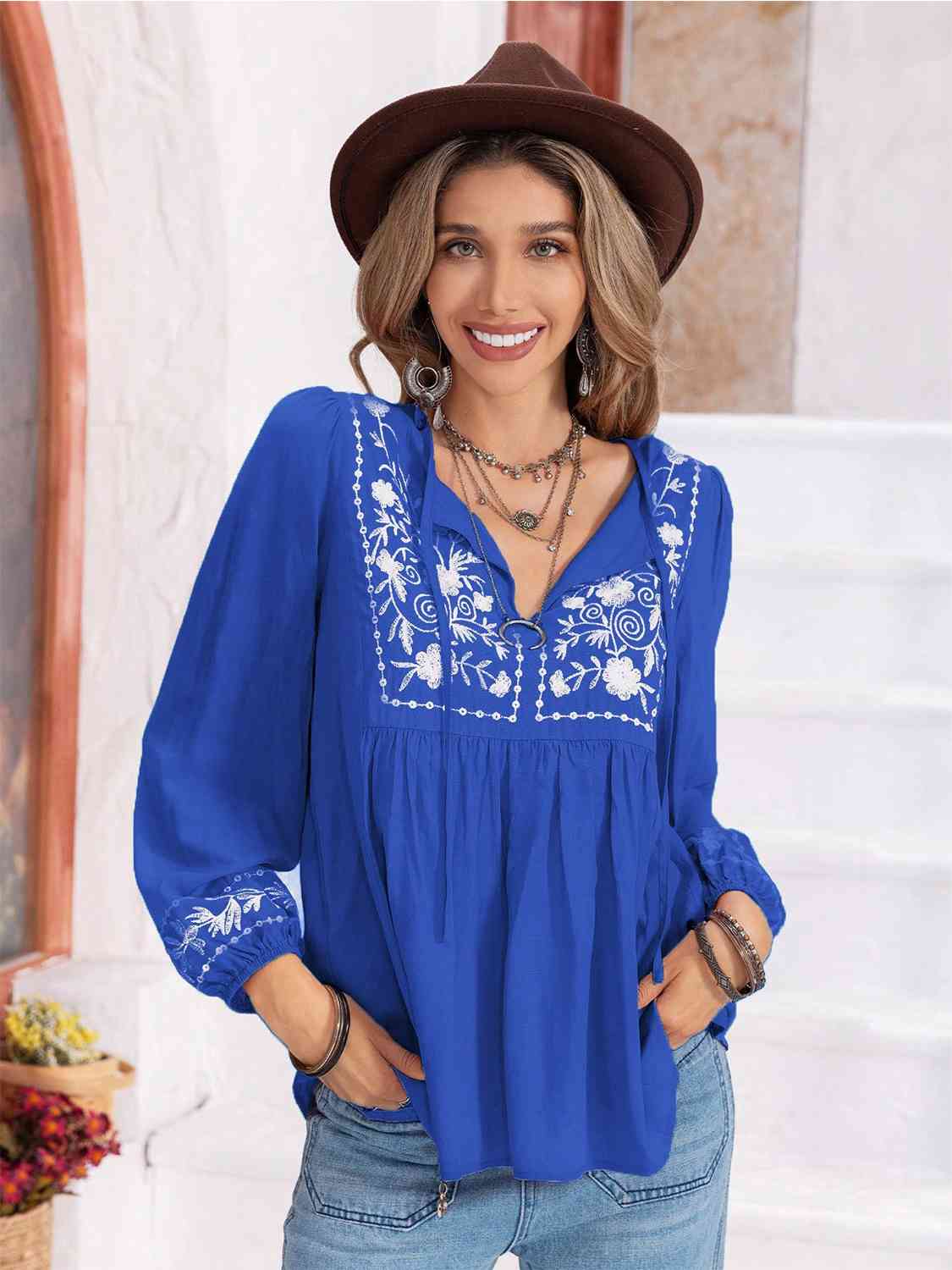 Floral Tie Neck Balloon Sleeve Blouse