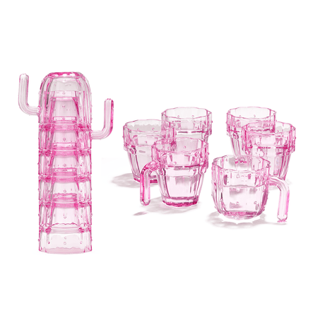 Cactus Stackable Glasses, Stacktus Gifts, Set of 6-10 oz Cactus Shape Glasses With Handles Pink Glass Blown Figurines Plant Decorations for Parties 3.5" H 5" W - Copyright Design, Patent Pending by The Wine Savant - Vysn