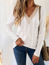 Eyelet V-Neck Dropped Shoulder T-Shirt