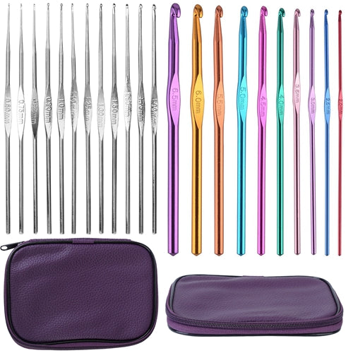 22Pcs Multi-Color Crochet Hook Needles Aluminum Handle Sewing Kit DIY Hand Knitting Craft Art Tools Weave Yarn Set 0.6mm-6.5mm w/ Storage Case - Multi