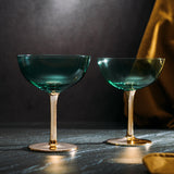 Colored Coupe Art Deco Glasses, Gold | Set of 2 | 12 oz Classic Cocktail Glassware for Champagne, Martini, Manhattan, Sidecar, Crystal Speakeasy Style Goblets Stems, Vintage Blue, Teal, Green by The Wine Savant - Vysn