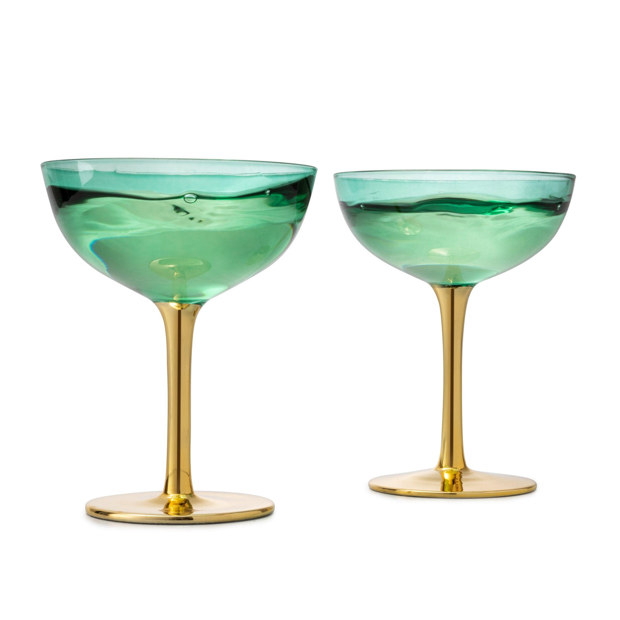 Colored Coupe Art Deco Glasses, Gold | Set of 2 | 12 oz Classic Cocktail Glassware for Champagne, Martini, Manhattan, Sidecar, Crystal Speakeasy Style Goblets Stems, Vintage Blue, Teal, Green by The Wine Savant - Vysn