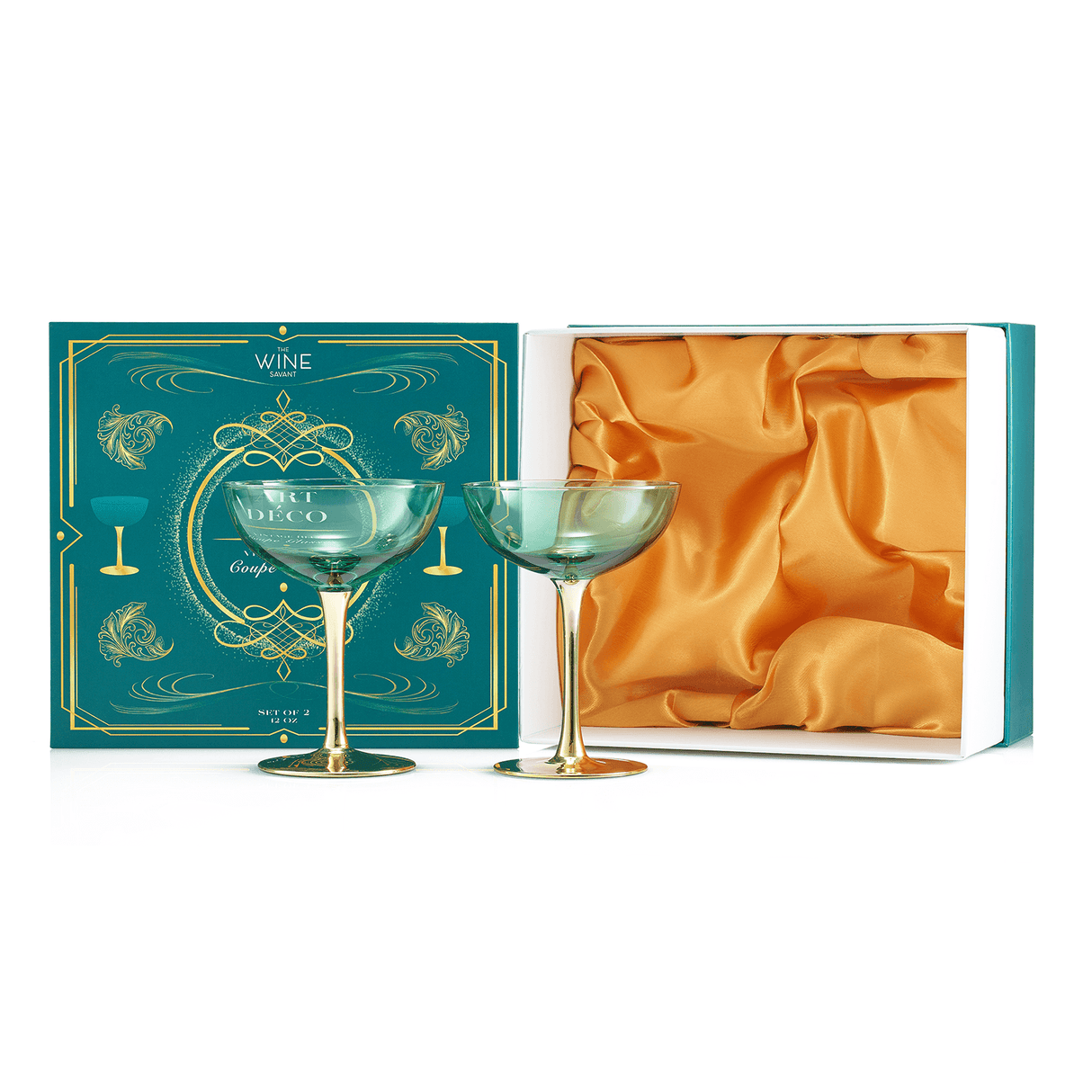 Colored Coupe Art Deco Glasses, Gold | Set of 2 | 12 oz Classic Cocktail Glassware for Champagne, Martini, Manhattan, Sidecar, Crystal Speakeasy Style Goblets Stems, Vintage Blue, Teal, Green by The Wine Savant - Vysn