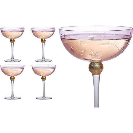 Colored Coupe Art Deco Glasses, Gold | Set of 4 | 8 oz Classic Cocktail Glassware for Champagne, Martini, Manhattan, Sidecar, Crystal Speakeasy Style Goblets Stems (Pink) by The Wine Savant - Vysn