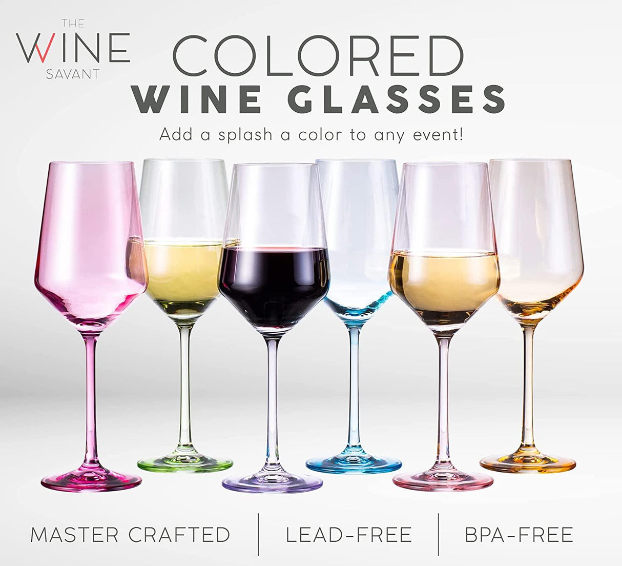 Colored Crystal Wine Glass Set of 6, Large Stemmed 12 oz Glasses, Great for all Occasions & Special Celebrations Unique Italian Style Tall Drinkware for Red & White Wine, Water Dinner, Color Glassware by The Wine Savant - Vysn