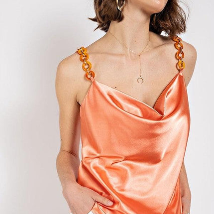 Cowl neck satin camisole with chain strap - Vysn