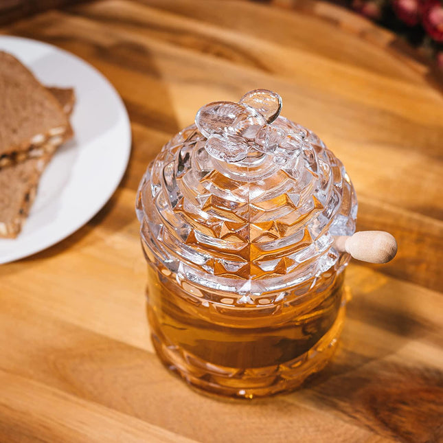 Crystal Bee Honey Dish Jar, Gift 6" - Glass Honey Pot with Dipper and Lid Cover for Home Kitchen Honey and Syrup, Gorgeous Bee Decor Beehive Honey Pot, Great for Jam, Honey, Jelly 14oz by The Wine Savant - Vysn