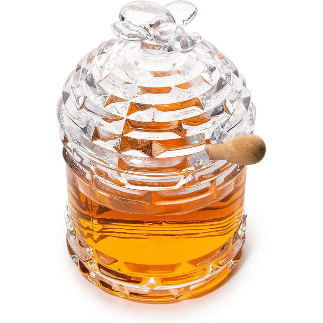 Crystal Bee Honey Dish Jar, Gift 6" - Glass Honey Pot with Dipper and Lid Cover for Home Kitchen Honey and Syrup, Gorgeous Bee Decor Beehive Honey Pot, Great for Jam, Honey, Jelly 14oz by The Wine Savant - Vysn