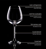 Crystal Wine Glasses Diamond Filled Stem, White and Red Wine, With Laser Cut Diamond Base Large 18 Ounces by The Wine Savant - Vysn