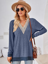 Crochet Contrast V-Neck Long Sleeve Slit T-Shirt