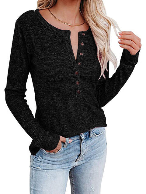 Round Neck Buttoned Long Sleeve T-Shirt