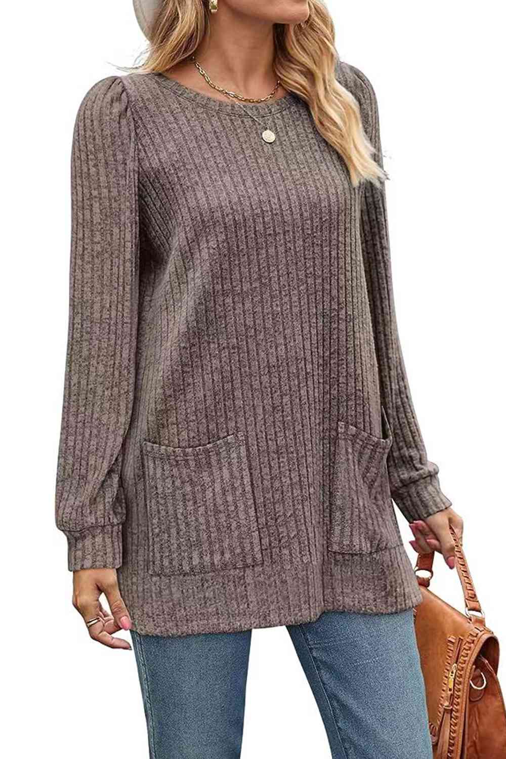 Ribbed Round Neck Long Sleeve T-Shirt