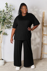 Double Take Full Size Round Neck Slit Top and Pants Set