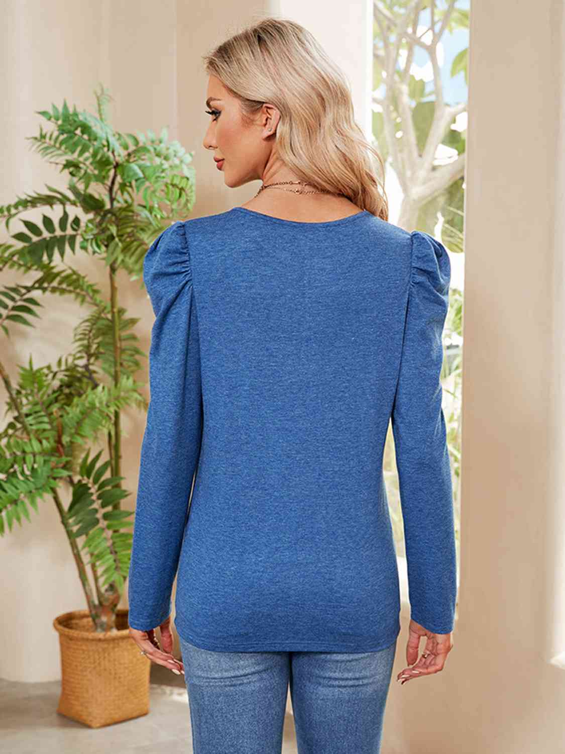 Buttoned Round Neck Puff Sleeve T-Shirt