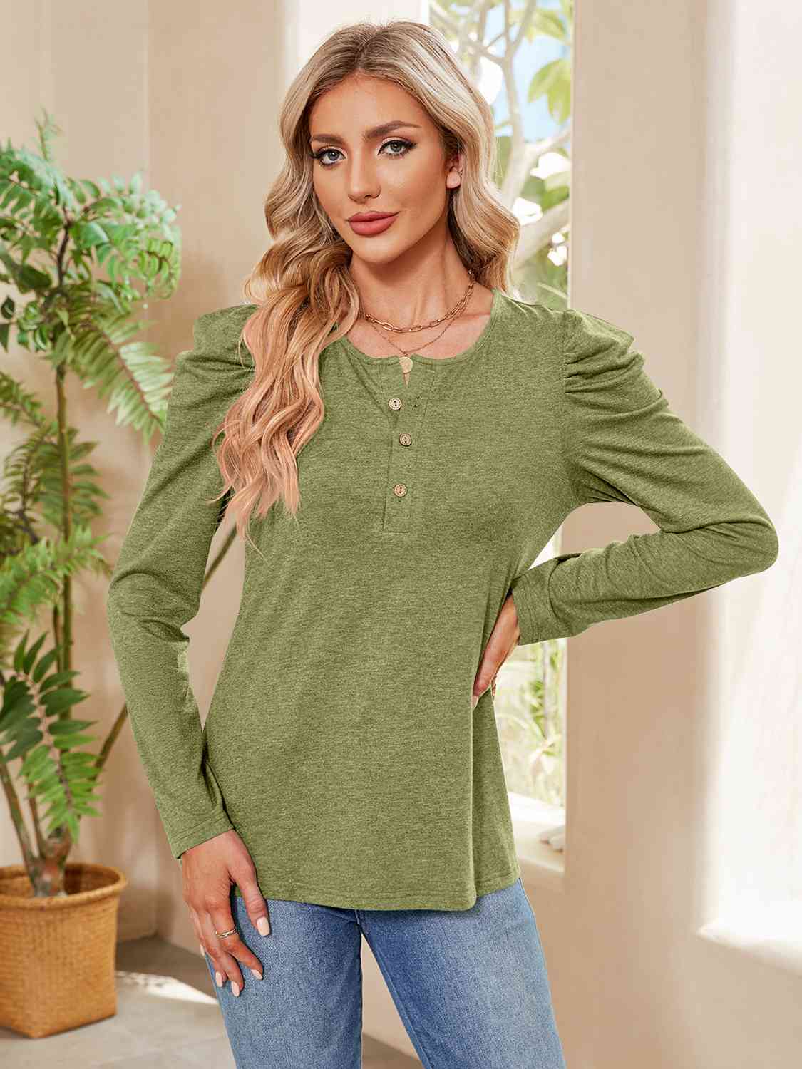 Buttoned Round Neck Puff Sleeve T-Shirt