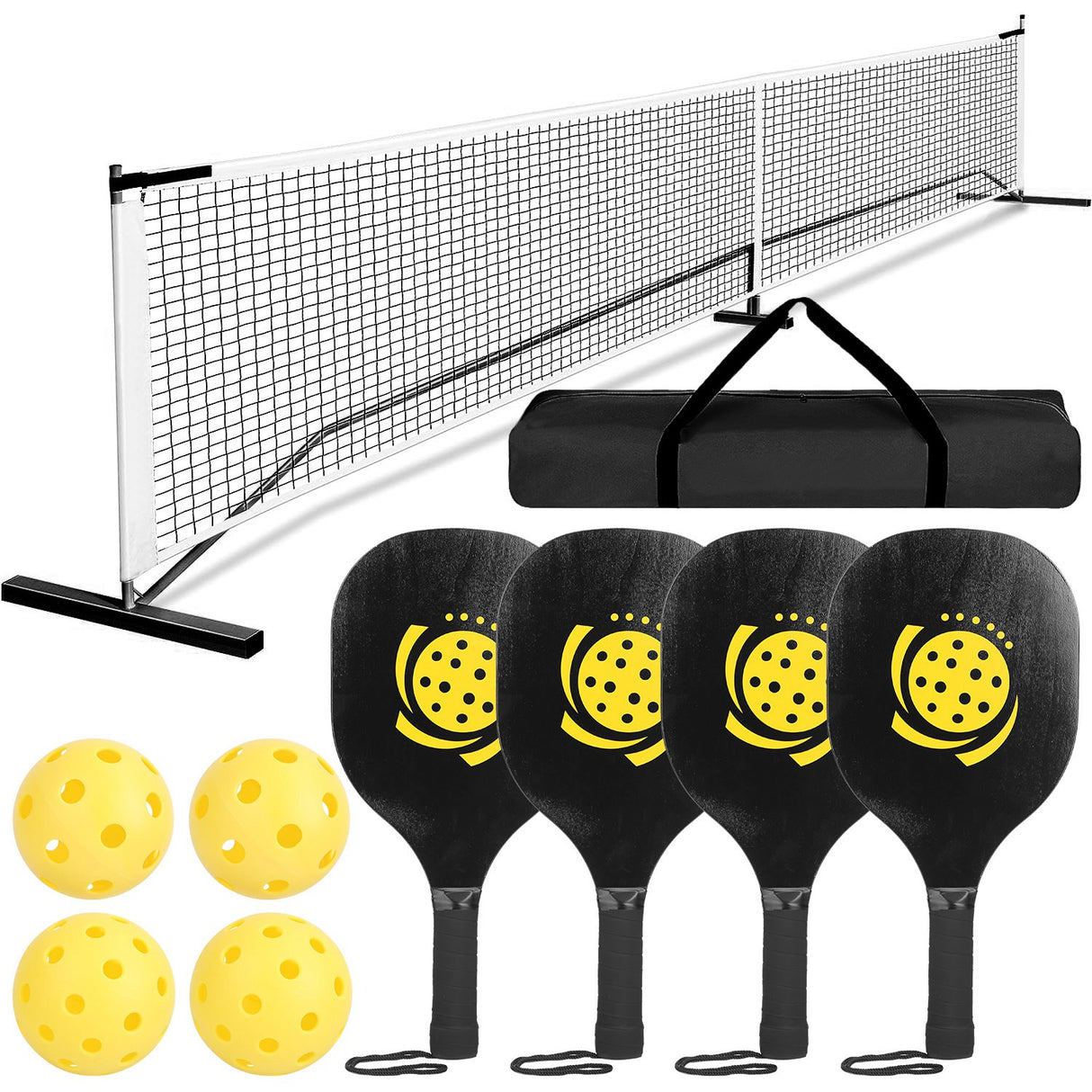 Portable Pickleball Net Set 22ft Regulation Size Net Pickle Ball Net System with 4 Pickleballs 4 Paddles Carrying Bag for Driveway Backyard - Black