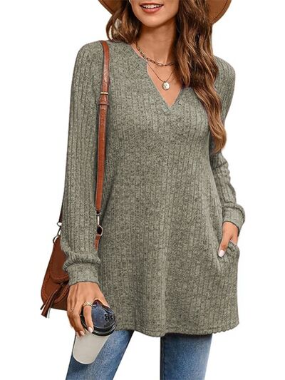 Slit Notched Pocketed Long Sleeve T-Shirt